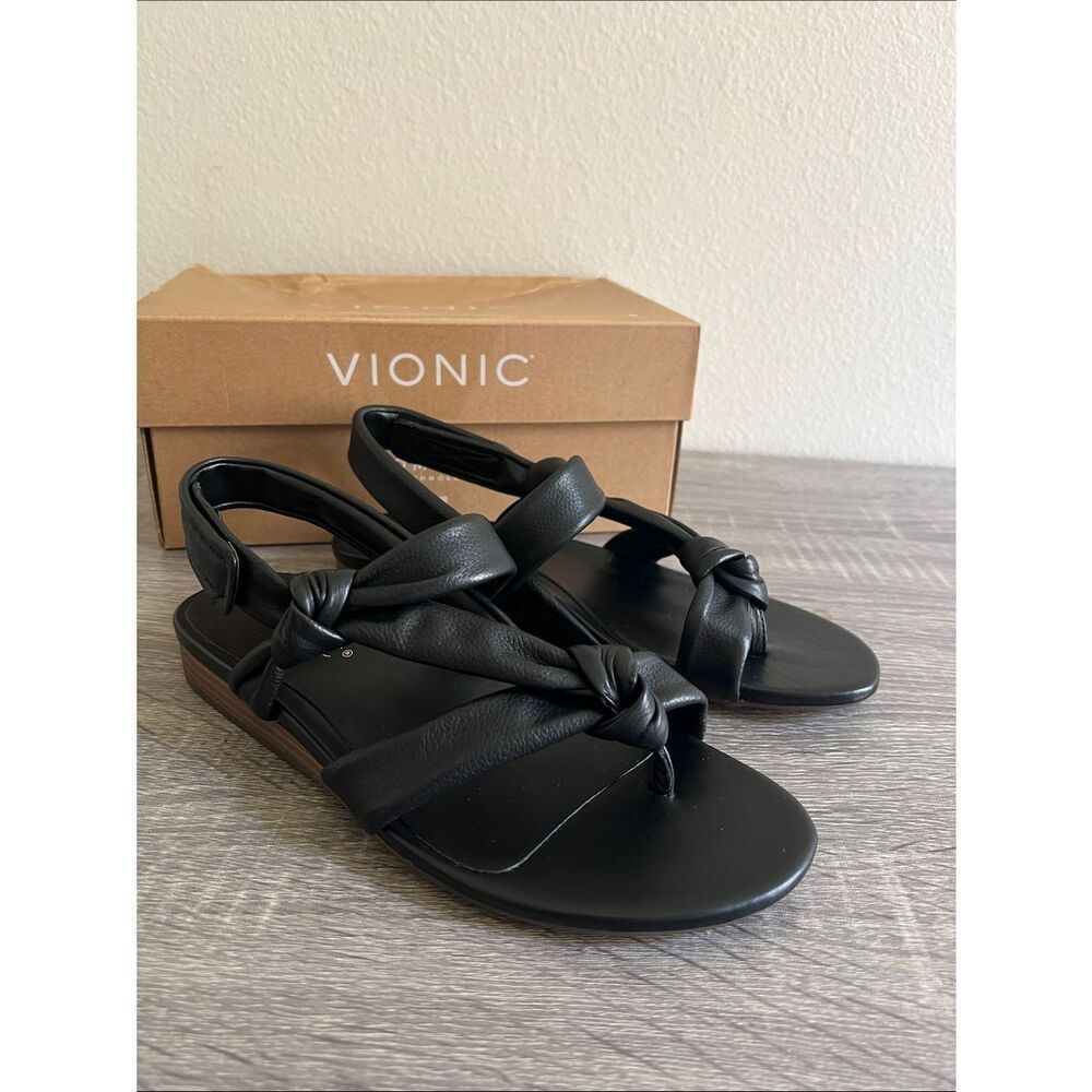 New Vionic Geneva Sandals Womens SZ 7 Black Leather Toe Loop Comfort Orthotic